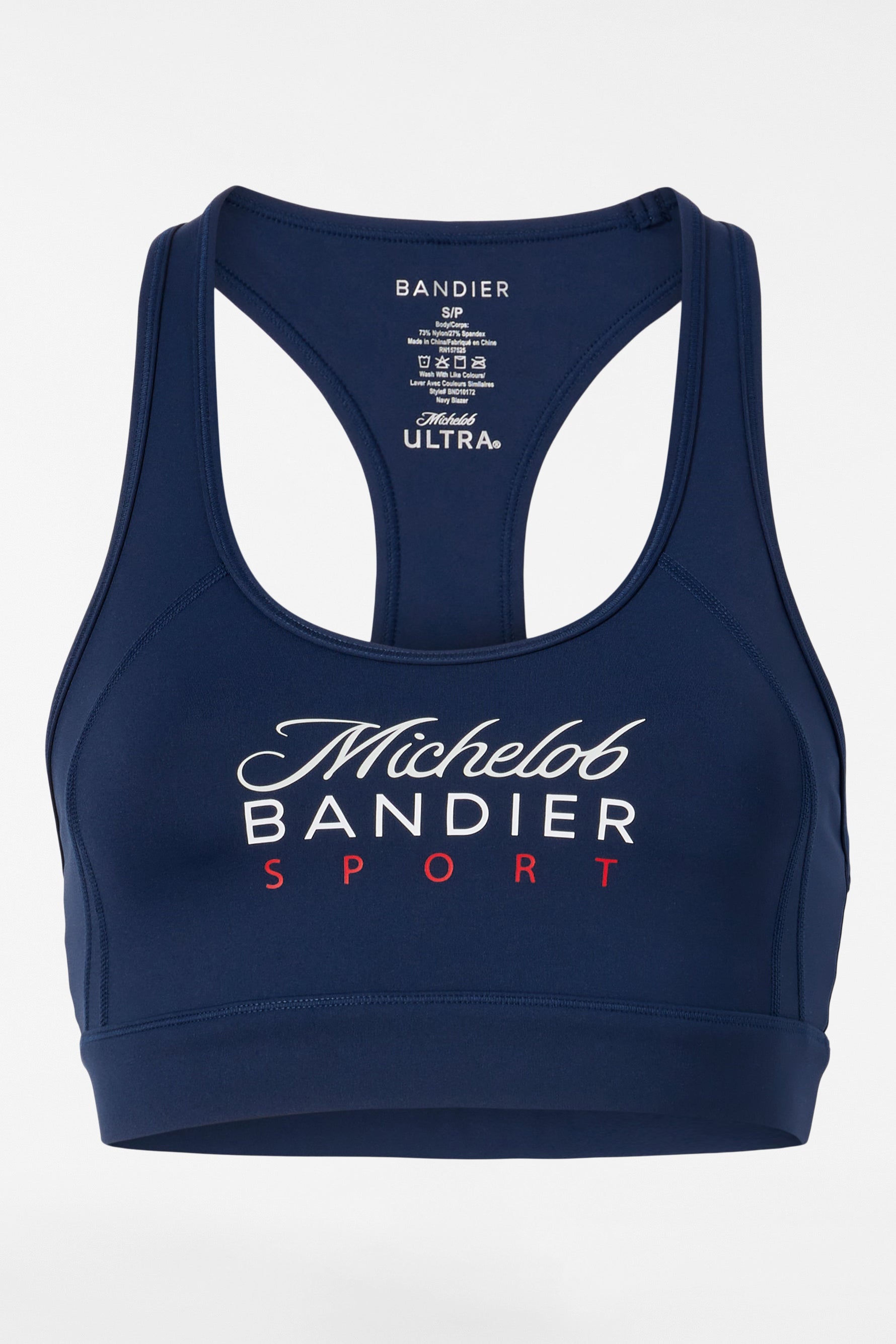 Front view of Michelob ULTRA x Bandier Center Stage Bra, Text "Michelob Bandier Sport" on center chest