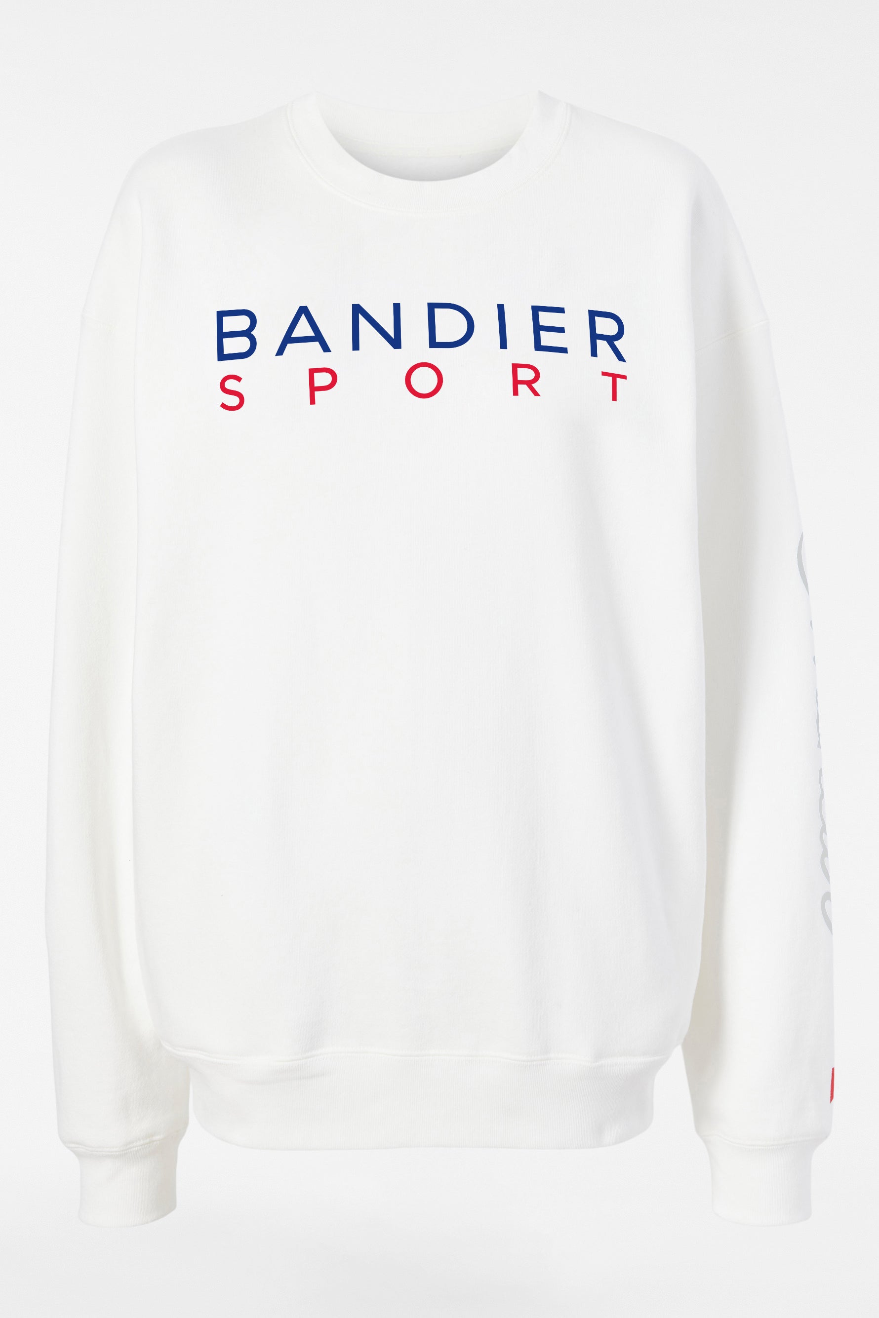 Flat Lay of Bandier x Michelob ULTRA Sweatshirt, front view, "BANDIER SPORT" in blue and red across center chest