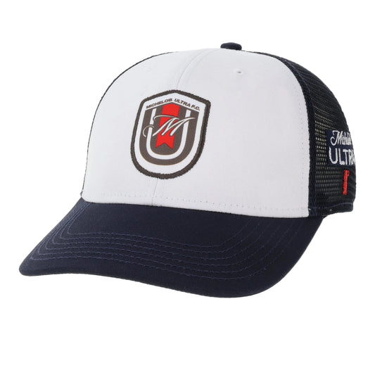 White and navy trucker hat with a logo on a white background