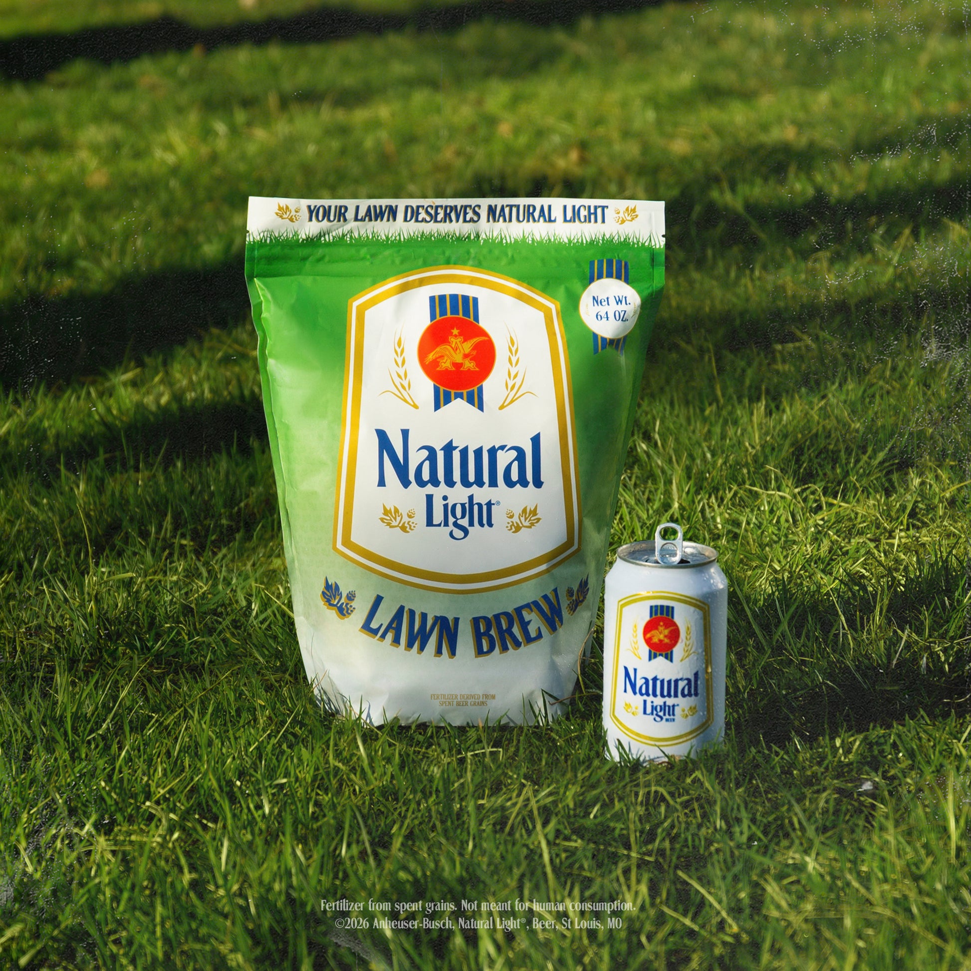 Natural Light lawn fertilizer package and can on grass