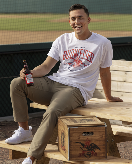 St. Louis Cardinals player Lars Nootbar modeling Budweiser merchandise