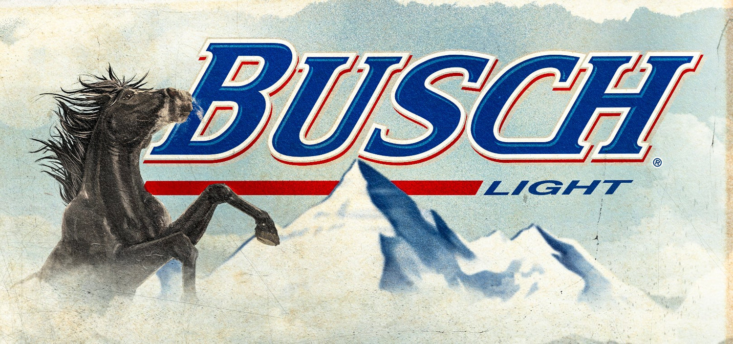 Busch Light advertisement with a horse and mountain background