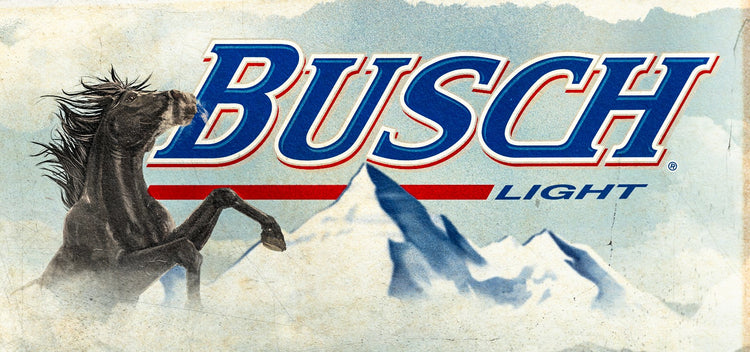 Busch Light advertisement with a horse and mountain background
