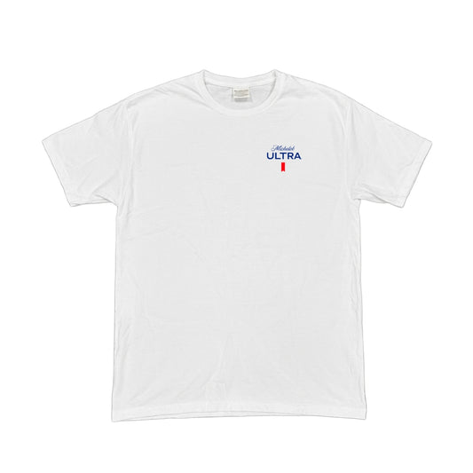 White t-shirt with a logo on a white background