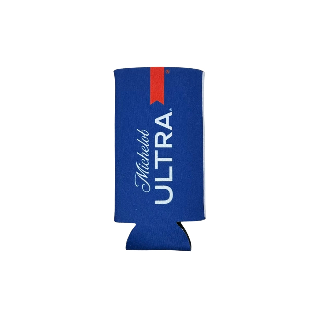 Blue can cooler with Michelob Ultra logo on a white background