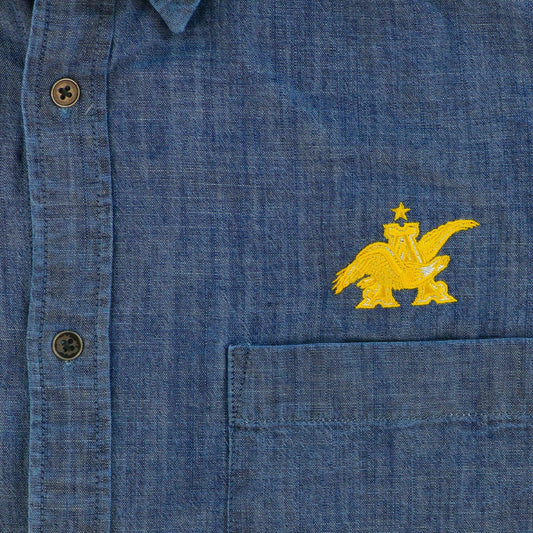 A & E New Logo Chambray Button Down Close Up