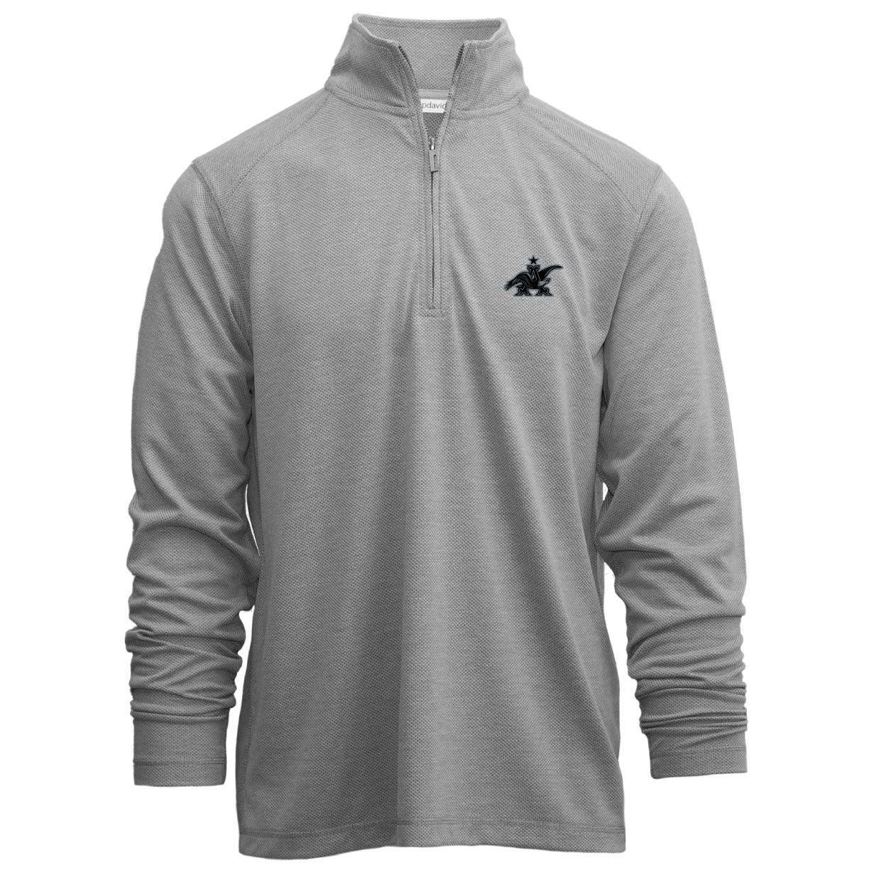 Grey 1/4 zip pullover with all black A&Eagle embroidered logo on front left chest
