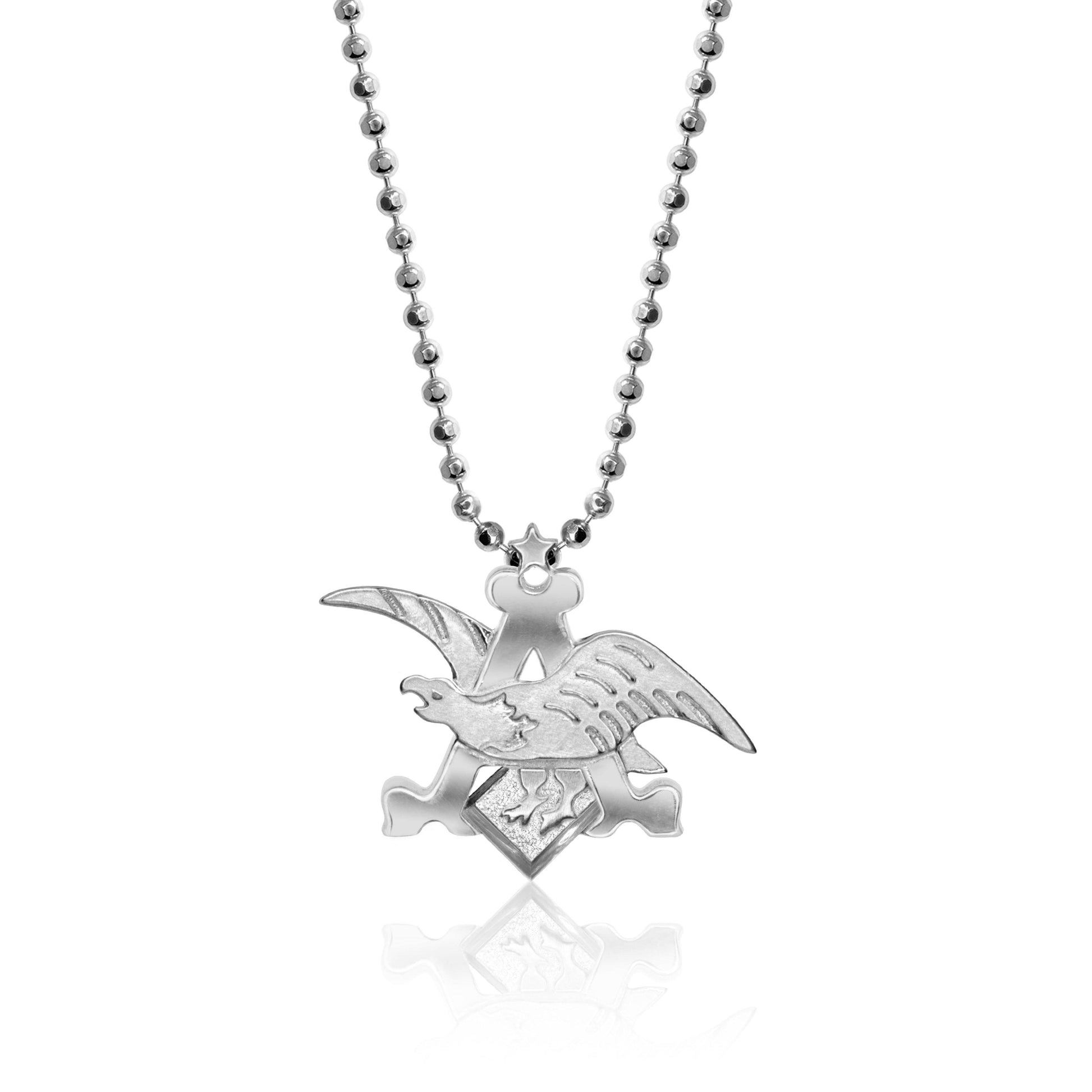 From Jewelry designer Alex Woo a 14 carat silver anheuser busch and eaglenecklace, 16 inches long