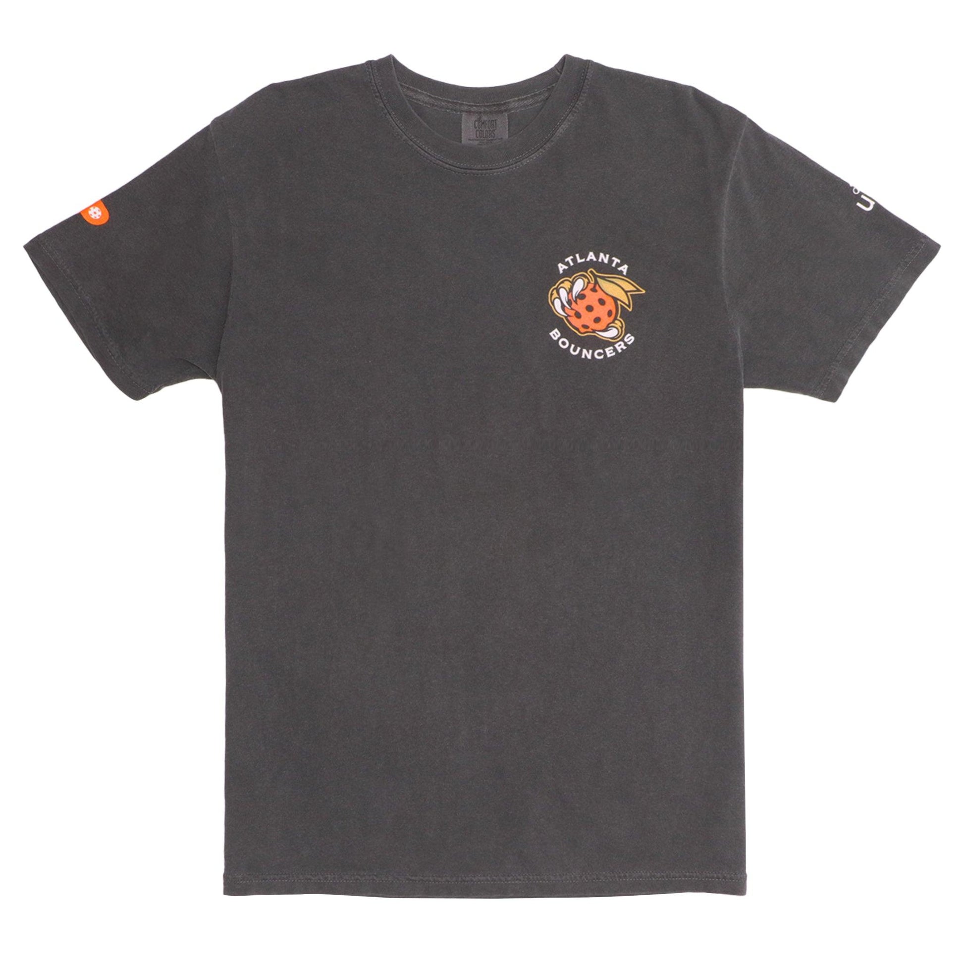 front of grey shirt with atlanta bouncers logo on left chest 