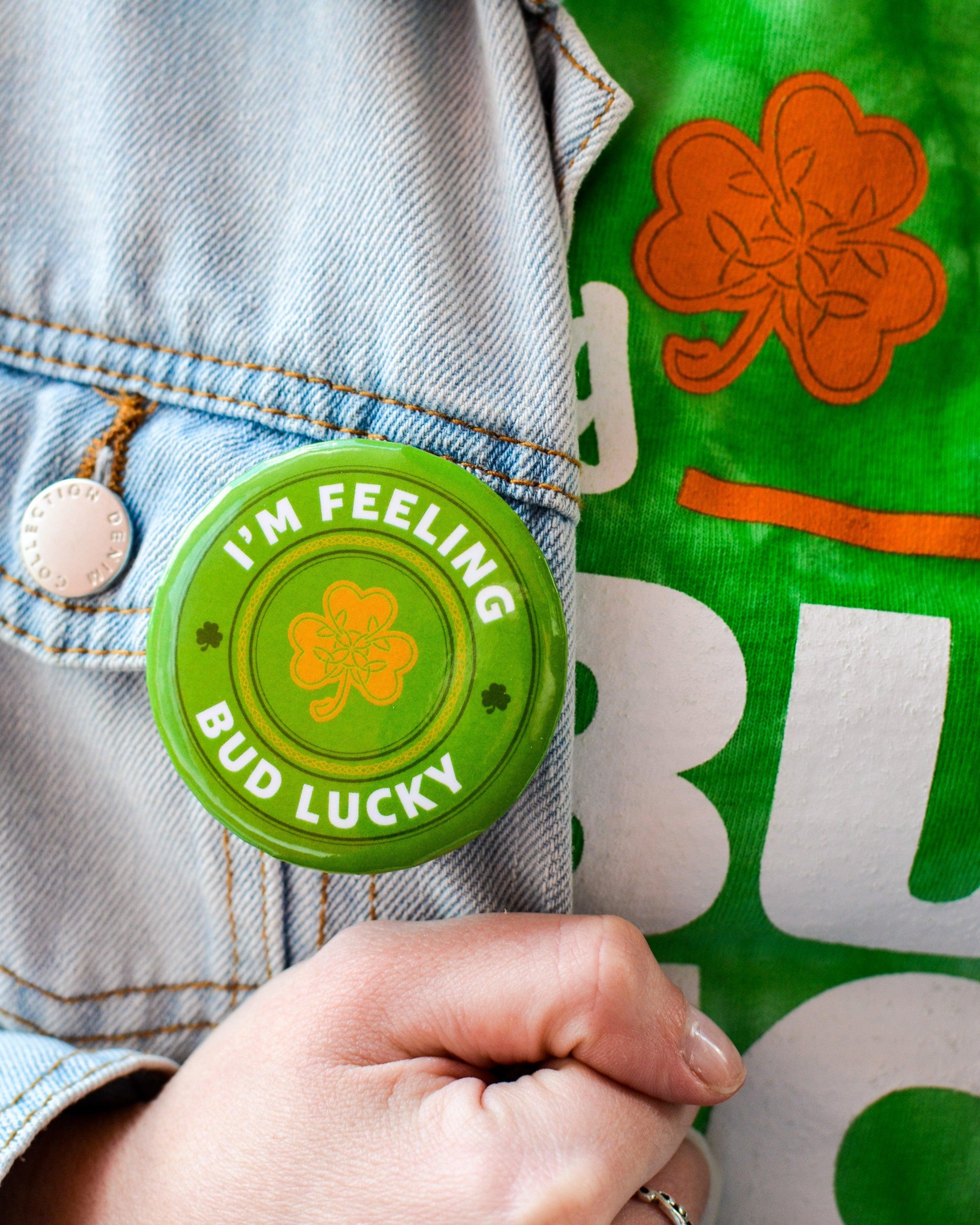 woman wearing bud light bud lucky button