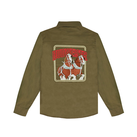 back view of Olive budweiser clydesdale jacket features full back decoration of two Clydesdales and budweiser above them