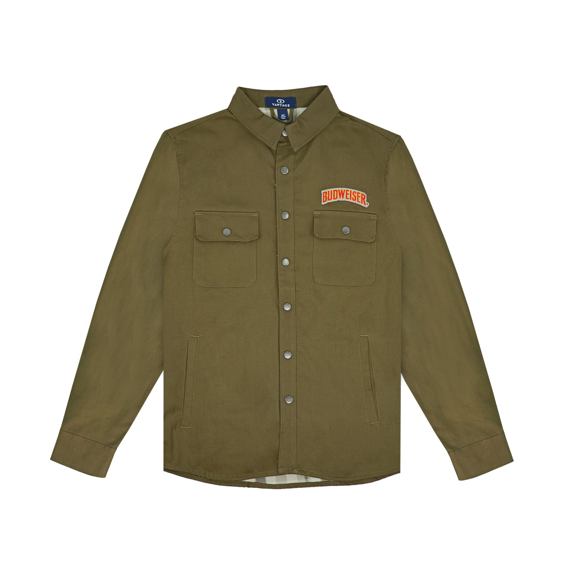 Front of olive jacket with one pocket on left and right chest, full button down and Budweiser logo above the front left chest pocket