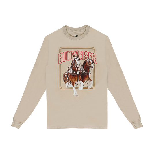 budweiser cream colored long sleeve shirt with two clydesdales and budweiser logo above