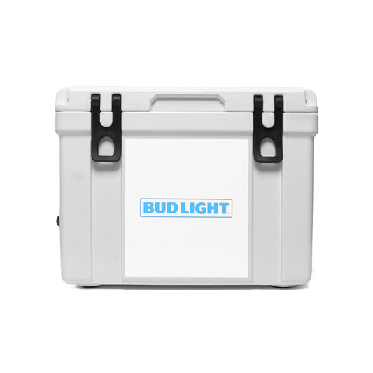 White Bud Light cooler with White decal on front with Bud Light horizontal logo in headline blue