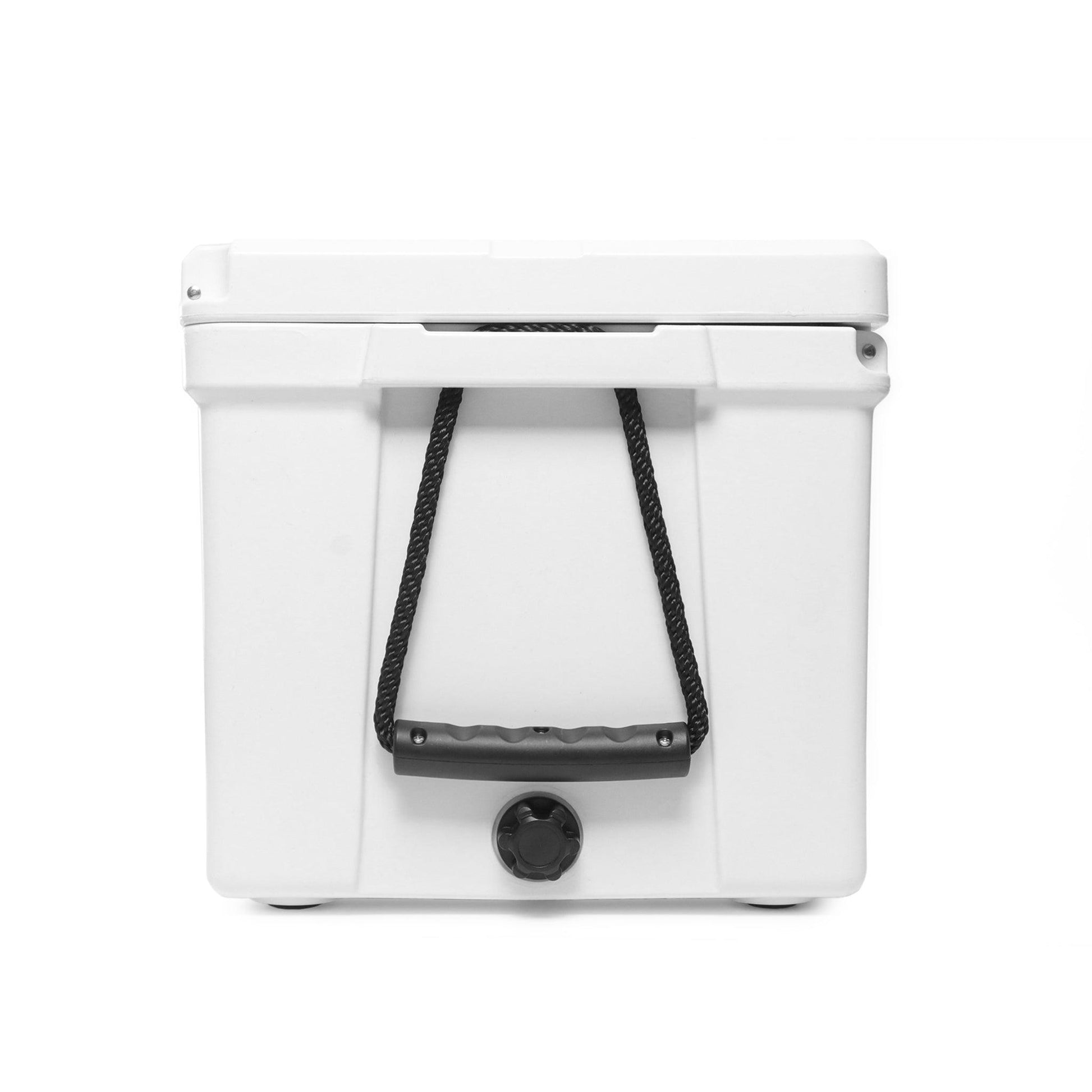 side of cooler with rope handle and drain plug