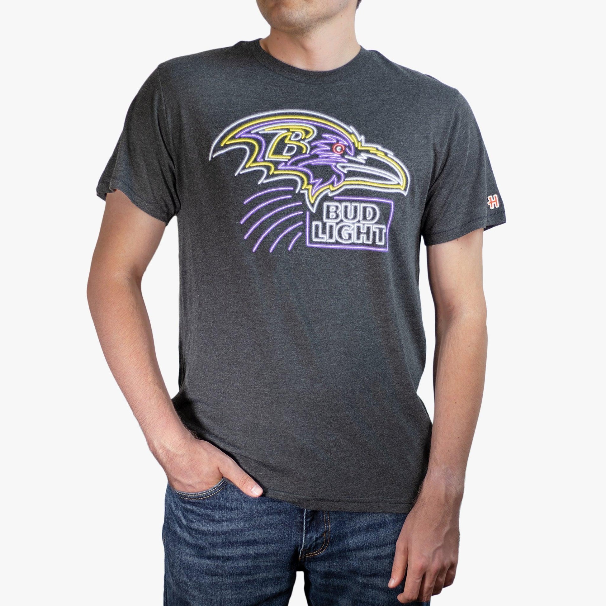 Man Wearing Baltimore Ravens Bud Light Black T-Shirt