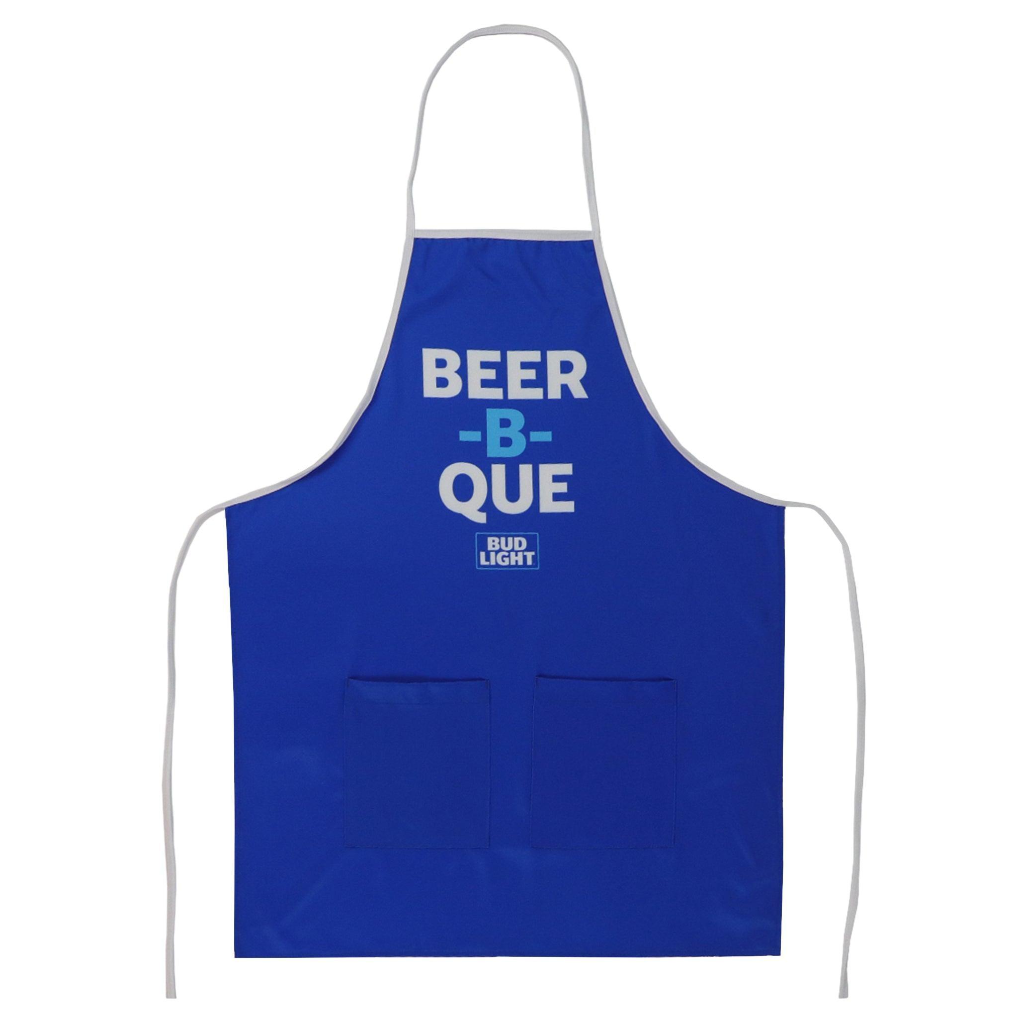 Blue apron with two front pockets and Beer-B-Que Bud Light logo on front center chest