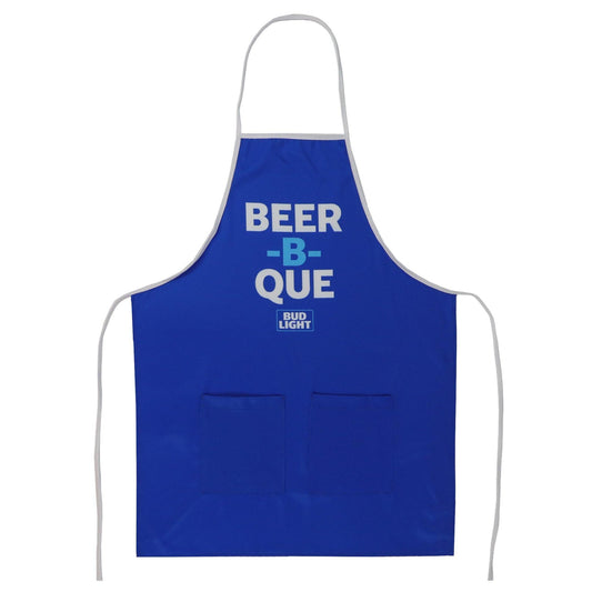 Blue apron with two front pockets and Beer-B-Que Bud Light logo on front center chest