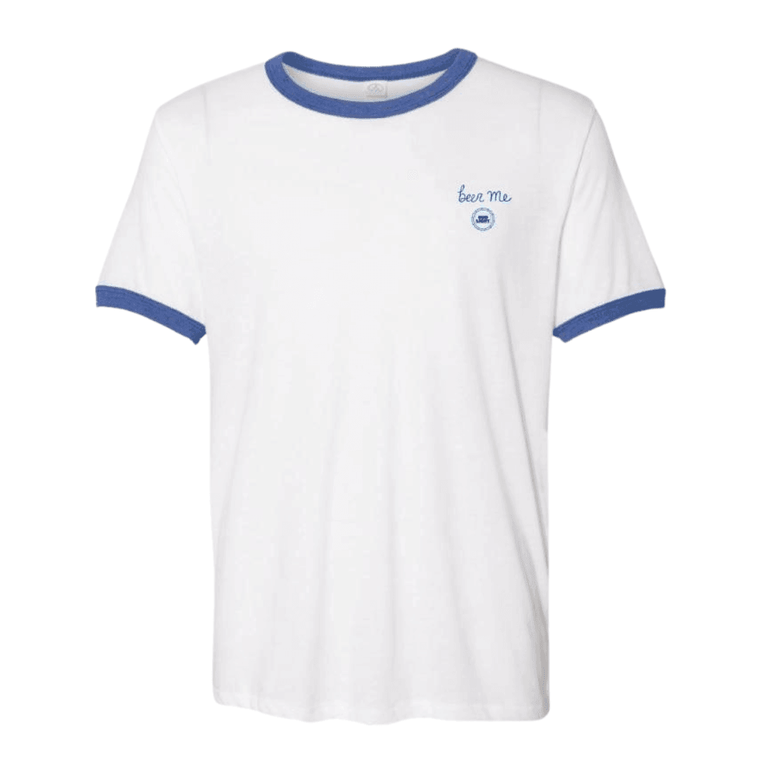 white t shirt with blue ringer and beer me on left chest 