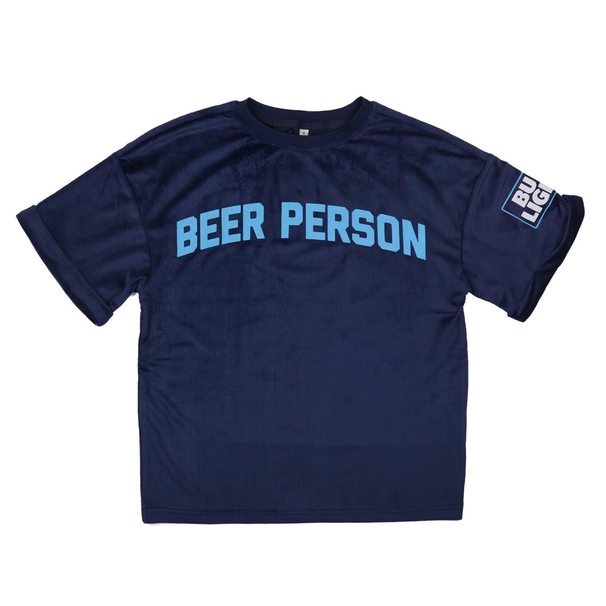 navy blue ribbed t shirt with bud light logo on left sleeve and beer person in capital letters across chest