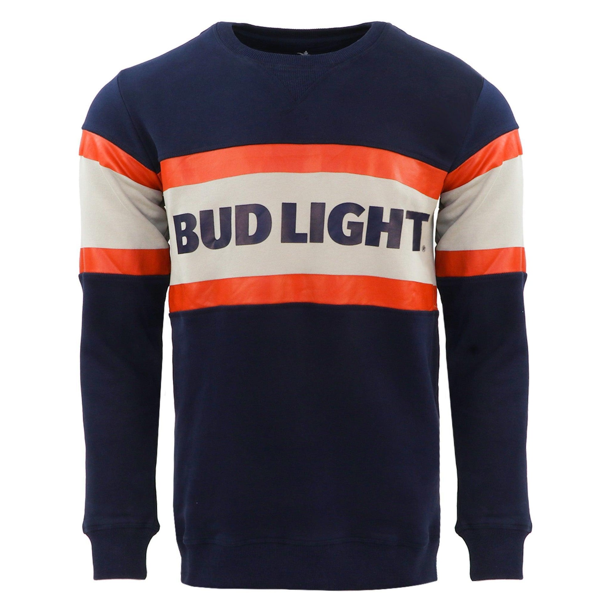 navy bud light block stripe retro crew neck sweatshirt with red and white stripe across center chest area with bud light logo in between