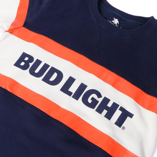 navy bud light block stripe retro crew neck sweatshirt with red and white stripe across center chest area with bud light logo in between
