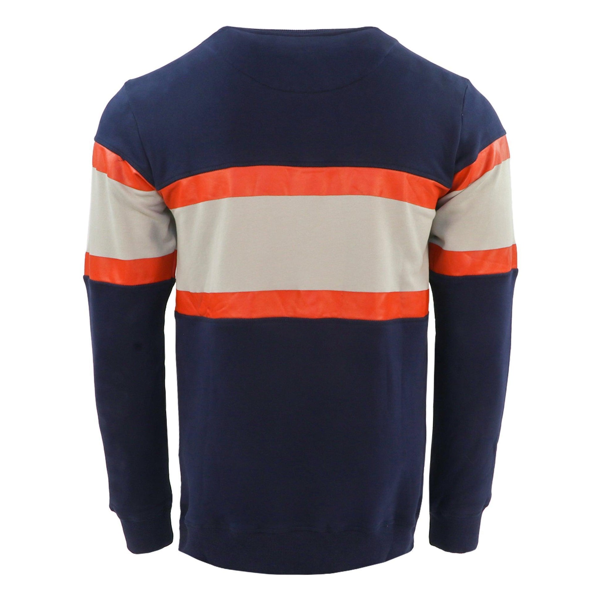 navy bud light block stripe retro crew neck sweatshirt with red and white stripe across center chest area with bud light logo in between