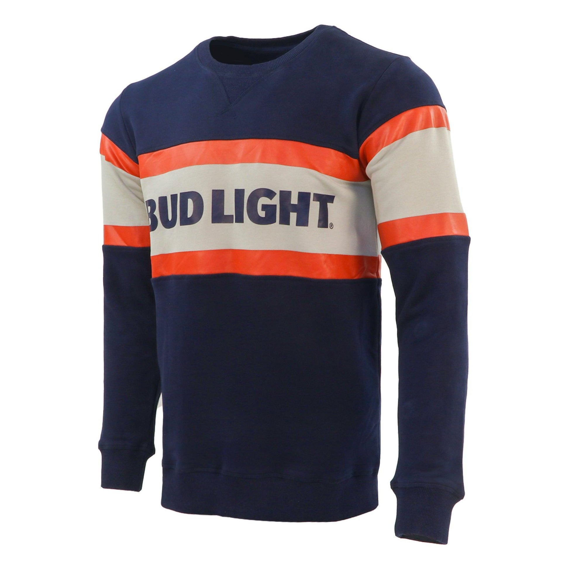 navy bud light block stripe retro crew neck sweatshirt with red and white stripe across center chest area with bud light logo in between