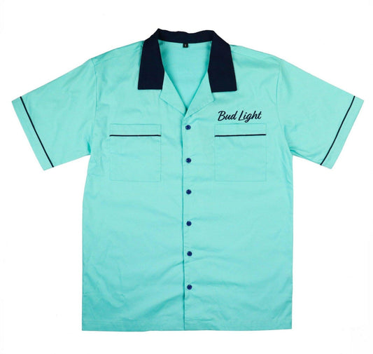 teal bud light black buttoned down bowling shirt with two chest pockets, black collar, black trim on sleeves and chest pockets 