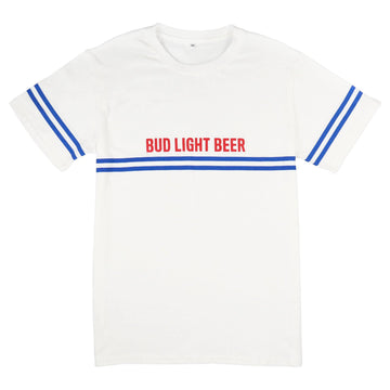 white bud light t shirt with two blue stripes horizontally across the chest and on sleeves. Above the stripes on the chest is BUD LIGHT BEER in red.