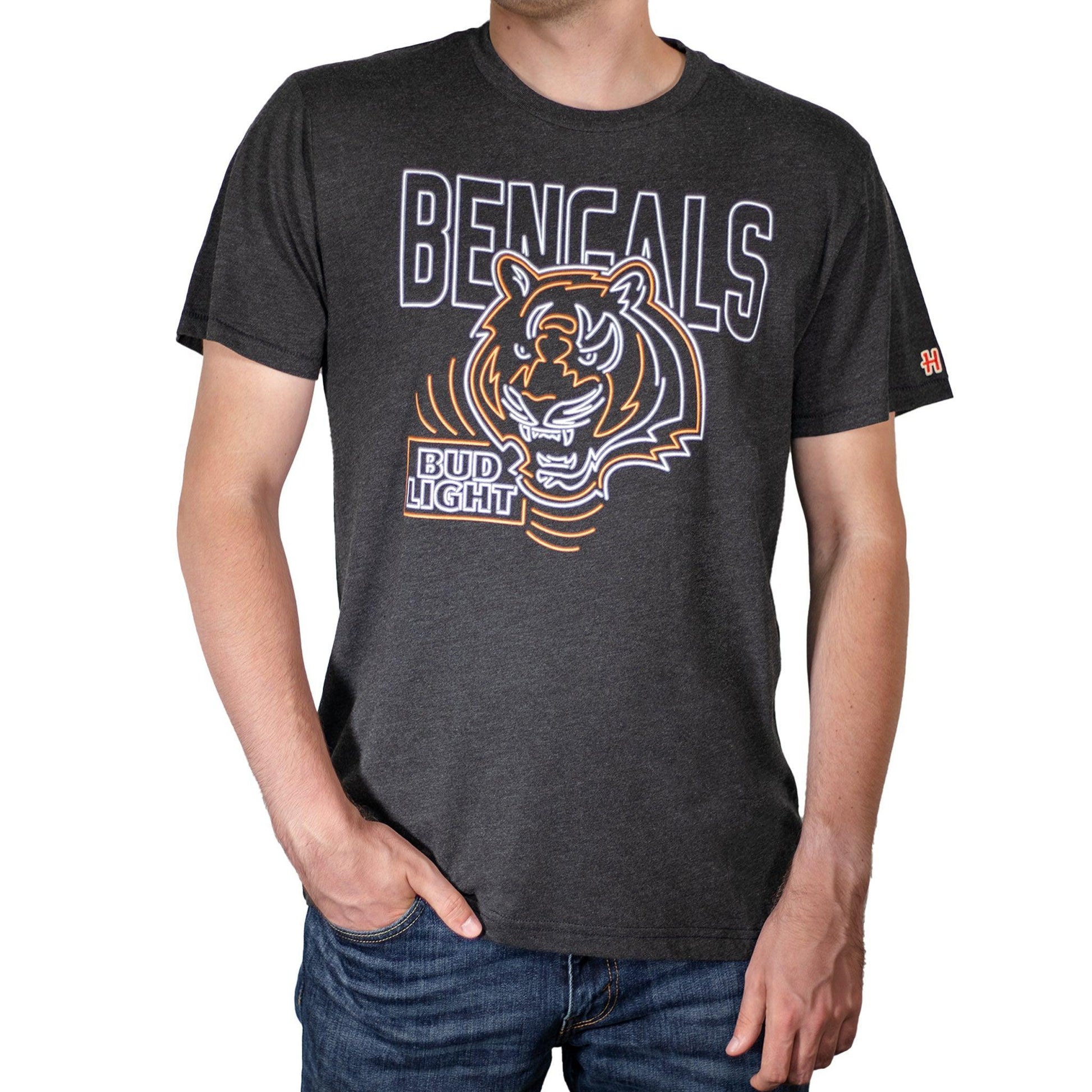 Man Wearing Cincinnati Bengals Bud Light Black T-Shirt