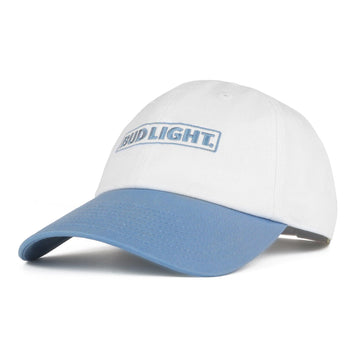 White hat with light blue bill with Bud Light horizontal logo on front panel of hat