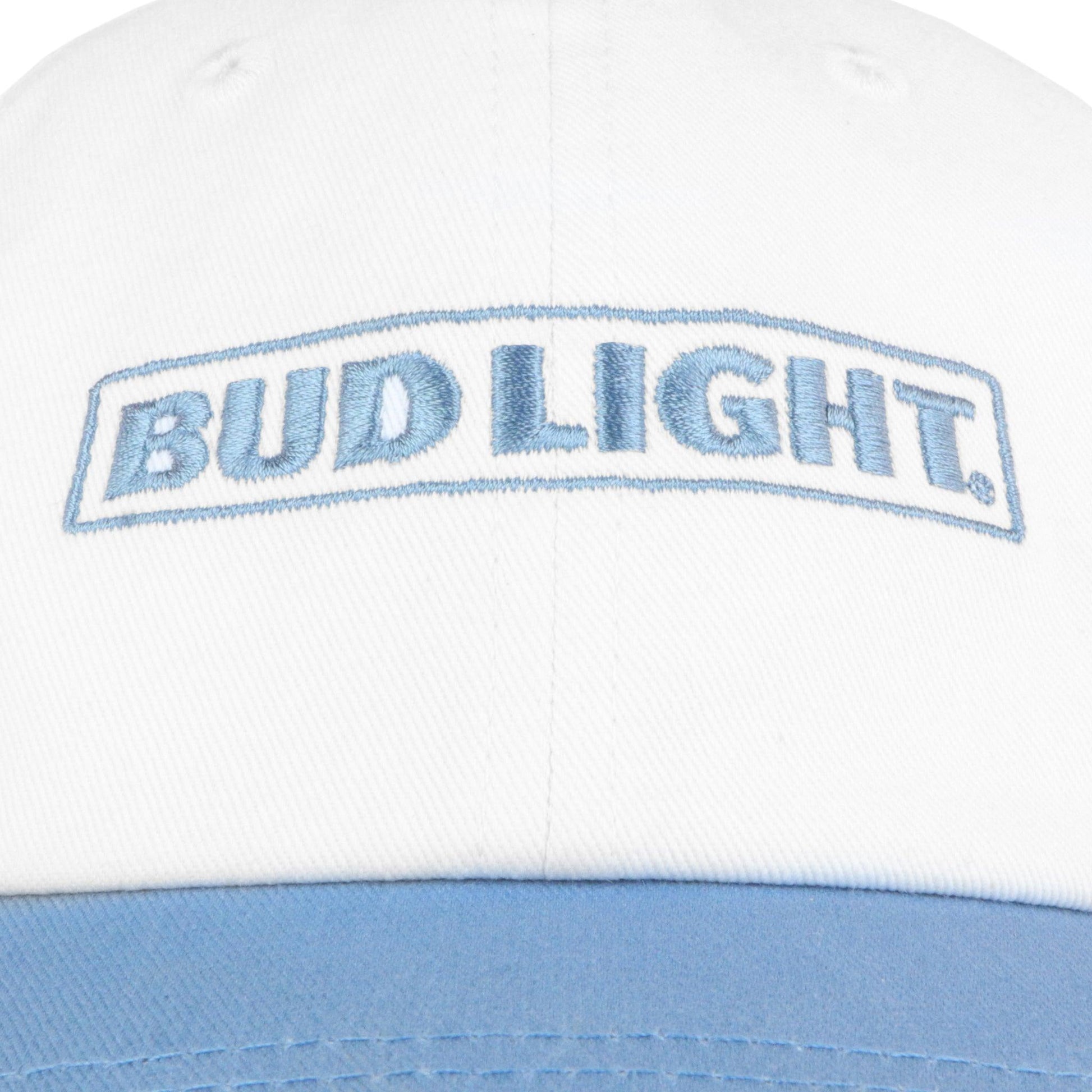 Close up of light blue Bud Light horizontal logo embroidery 