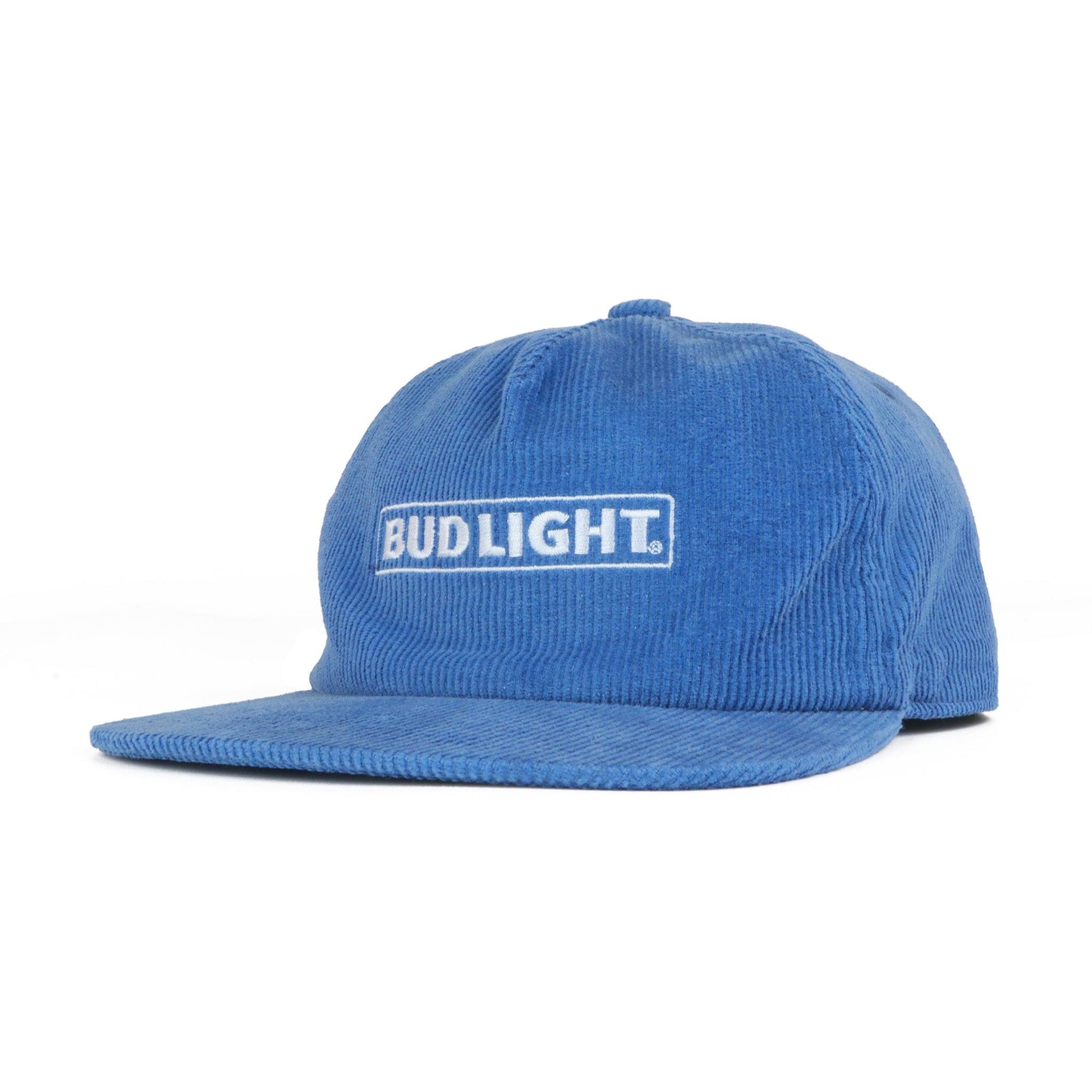 Solid blue corduroy flat bill hat with embroidered Bud Light horizontal logo in white.