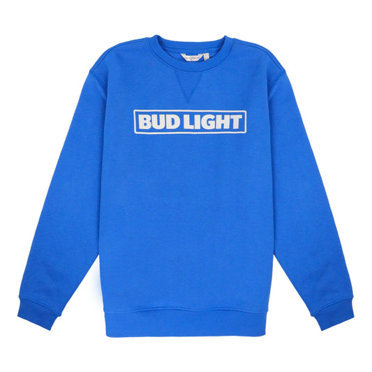 Blue Bud Light Crewneck Sweatshirt with white Bud Light horizontal logo on front center chest