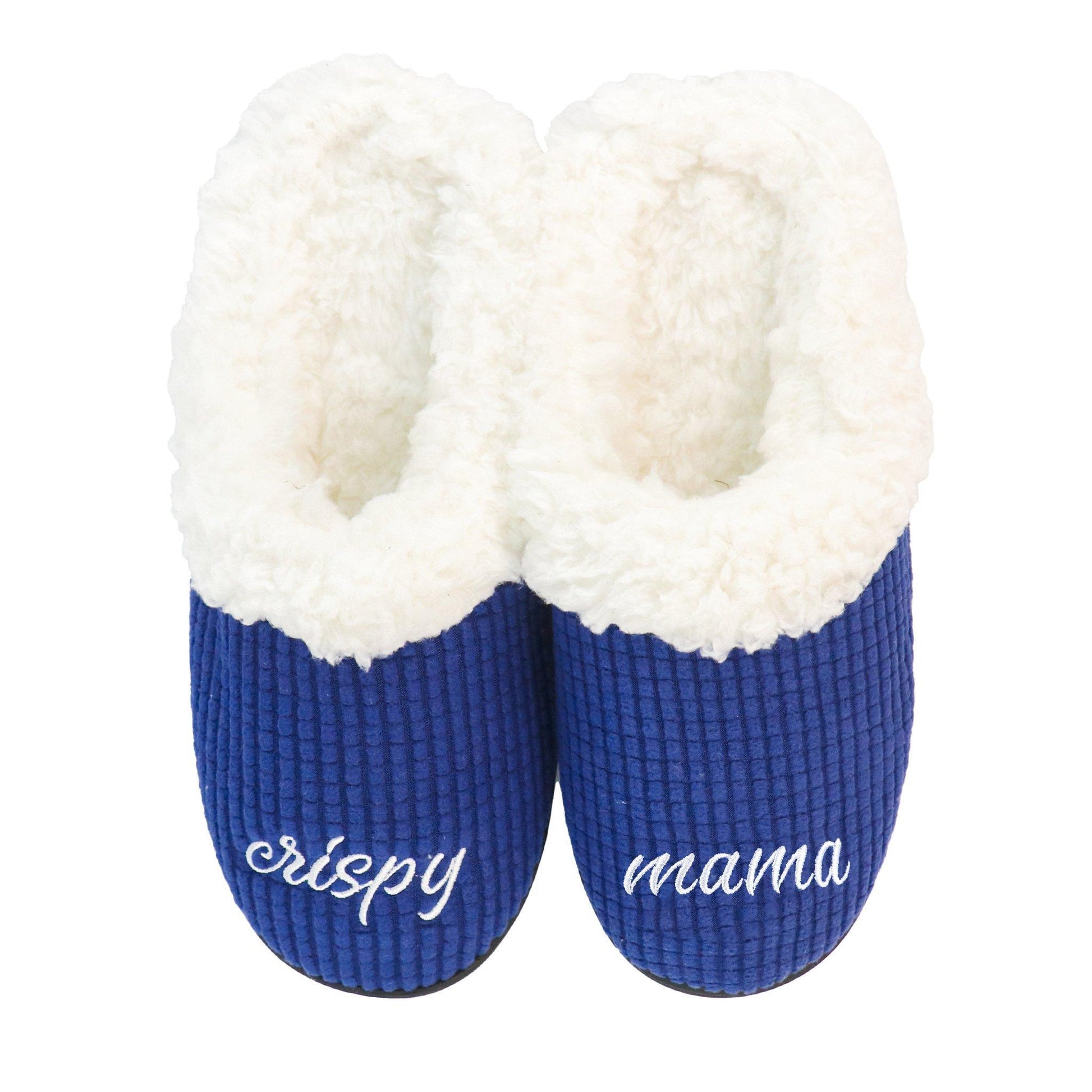 blue and white bud light slippers that say crispy on the right slipper and mama on the left