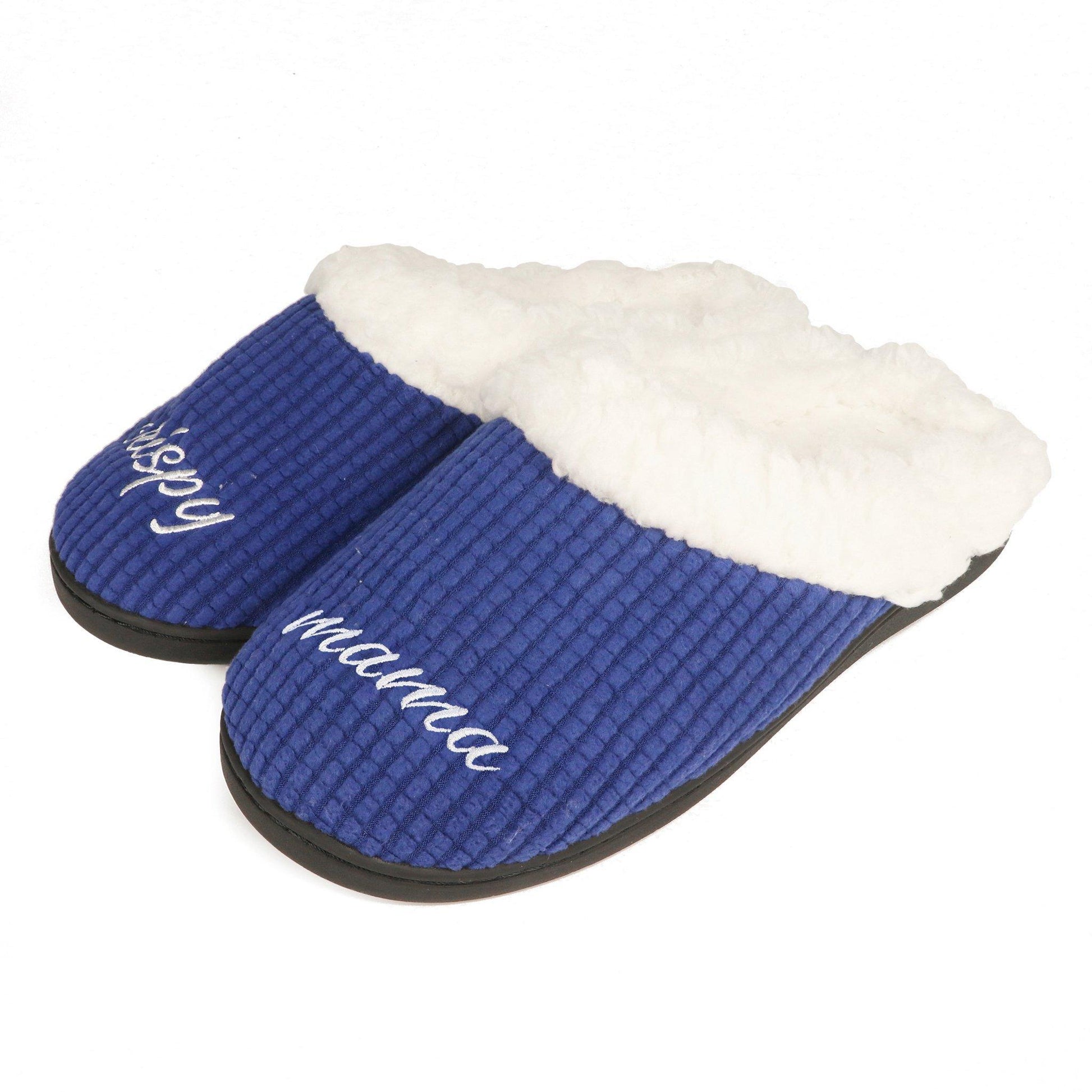 blue and white bud light slippers that say crispy on the right slipper and mama on the left