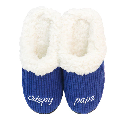 blue bud light slippers that say crispy on the right slipper and papa on the left