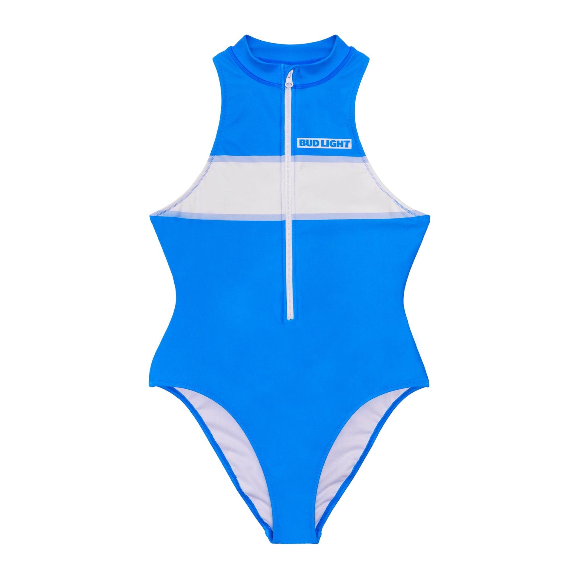Front of Bud Light Crown Swimsuit with zipper in center chest and Bud Light logo on front left chest