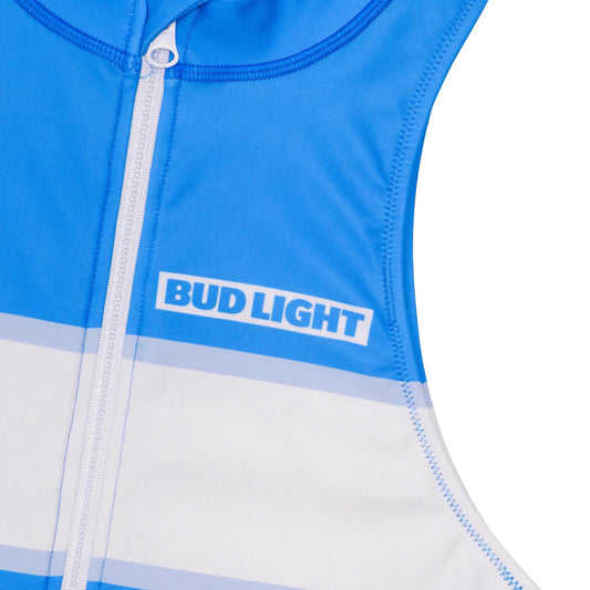 Close up of Bud Light horizontal logo on front left chest