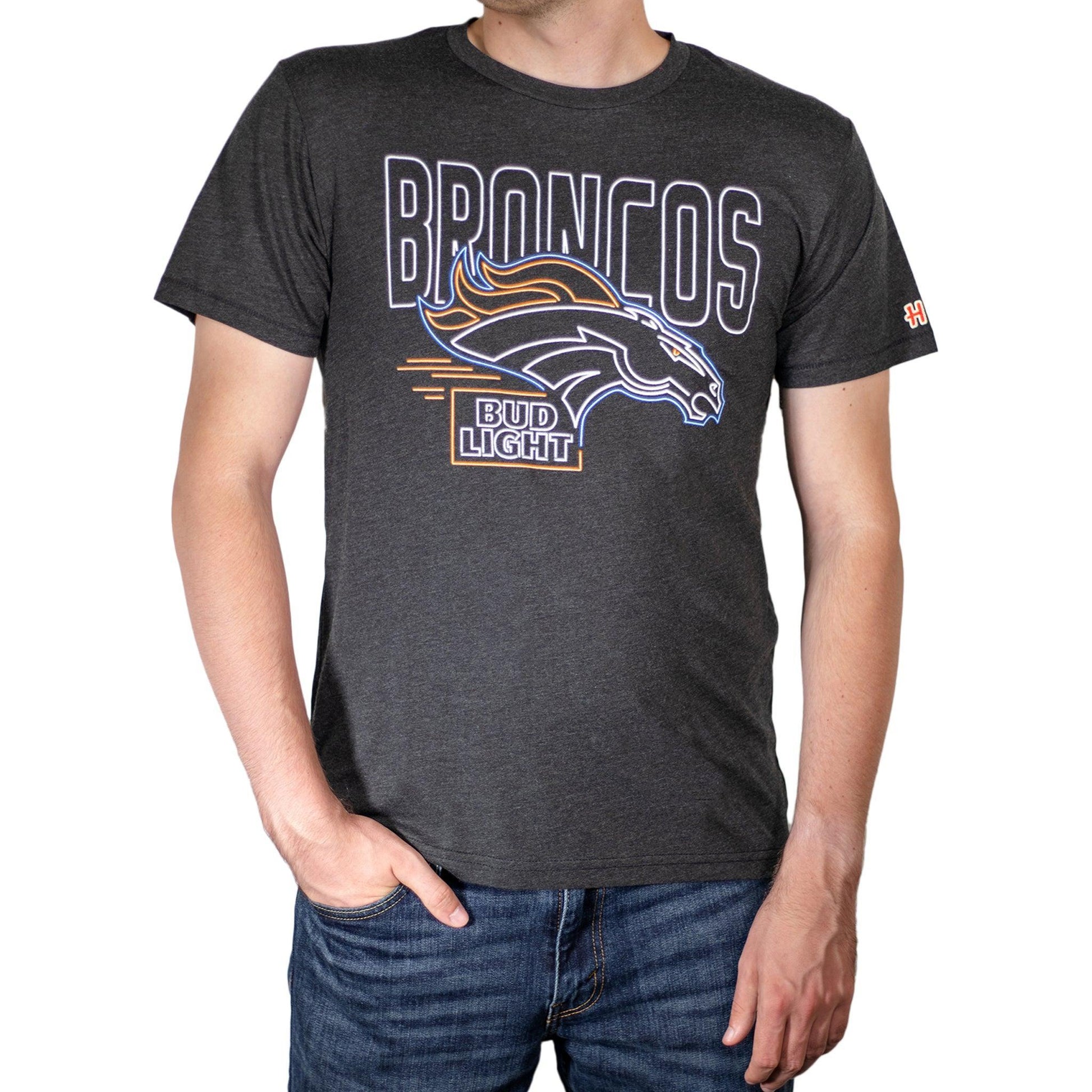Man Wearing Denver Broncos Bud Light Black T-Shirt