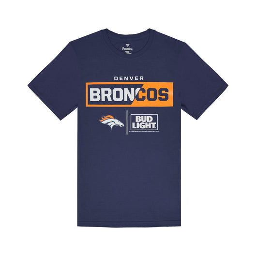 front of shirt broncos logo and bud light logo