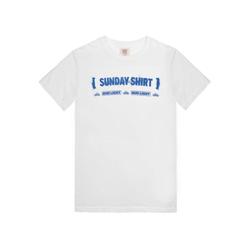 "Sunday Shirt" in brackets on front of shirt, with 3 crowns and two Bud Light Logos beneath