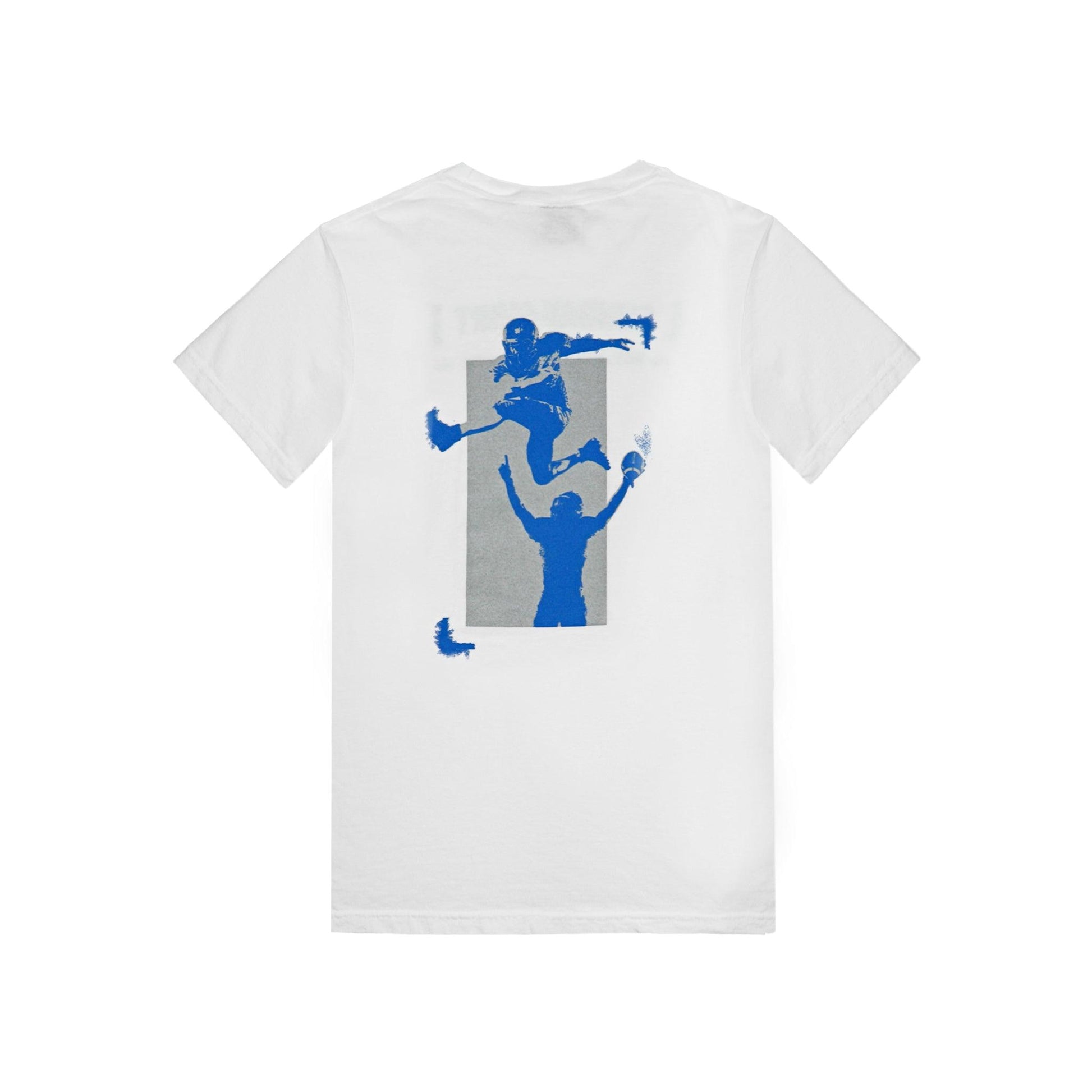 Back view of shirt, 2 football players, one hurdling another