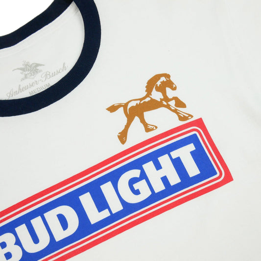 white bud light golden horse ringer t shirt with black border on sleeves and neckline