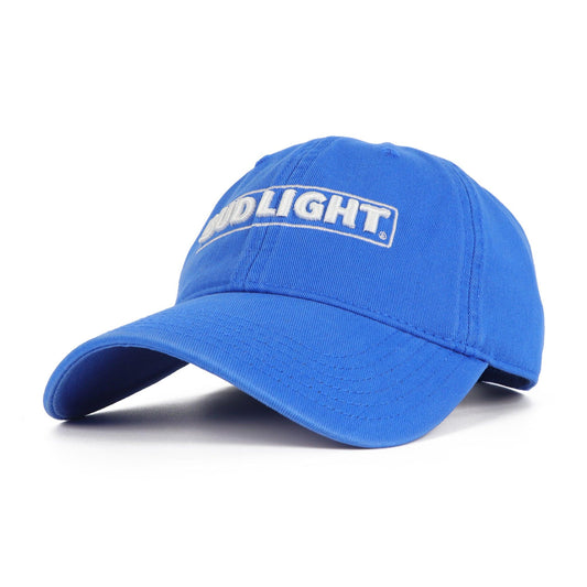Royal blue relaxed hat with white embroidered Bud Light horizontal logo on front panel of hat.