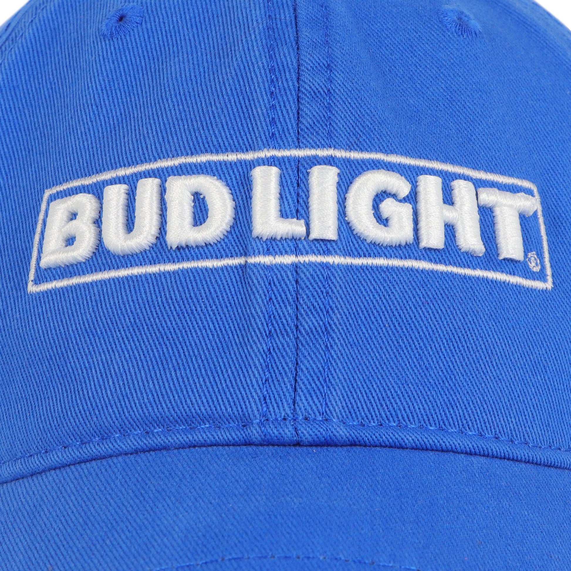 Close up of white embroidered Bud Light horizontal logo.