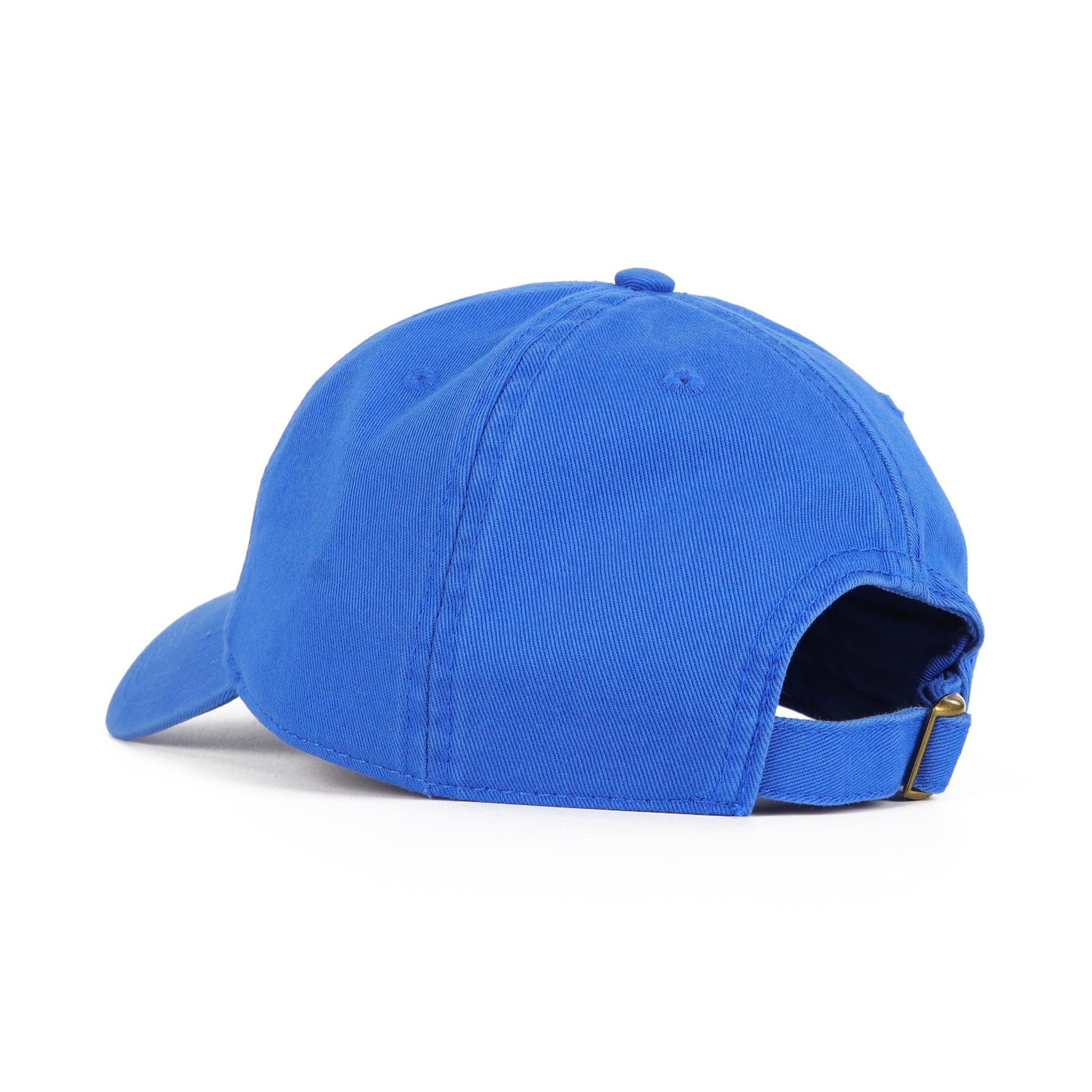 Back view of royal blue relaxed hat with adjustable strap with brass buckle.