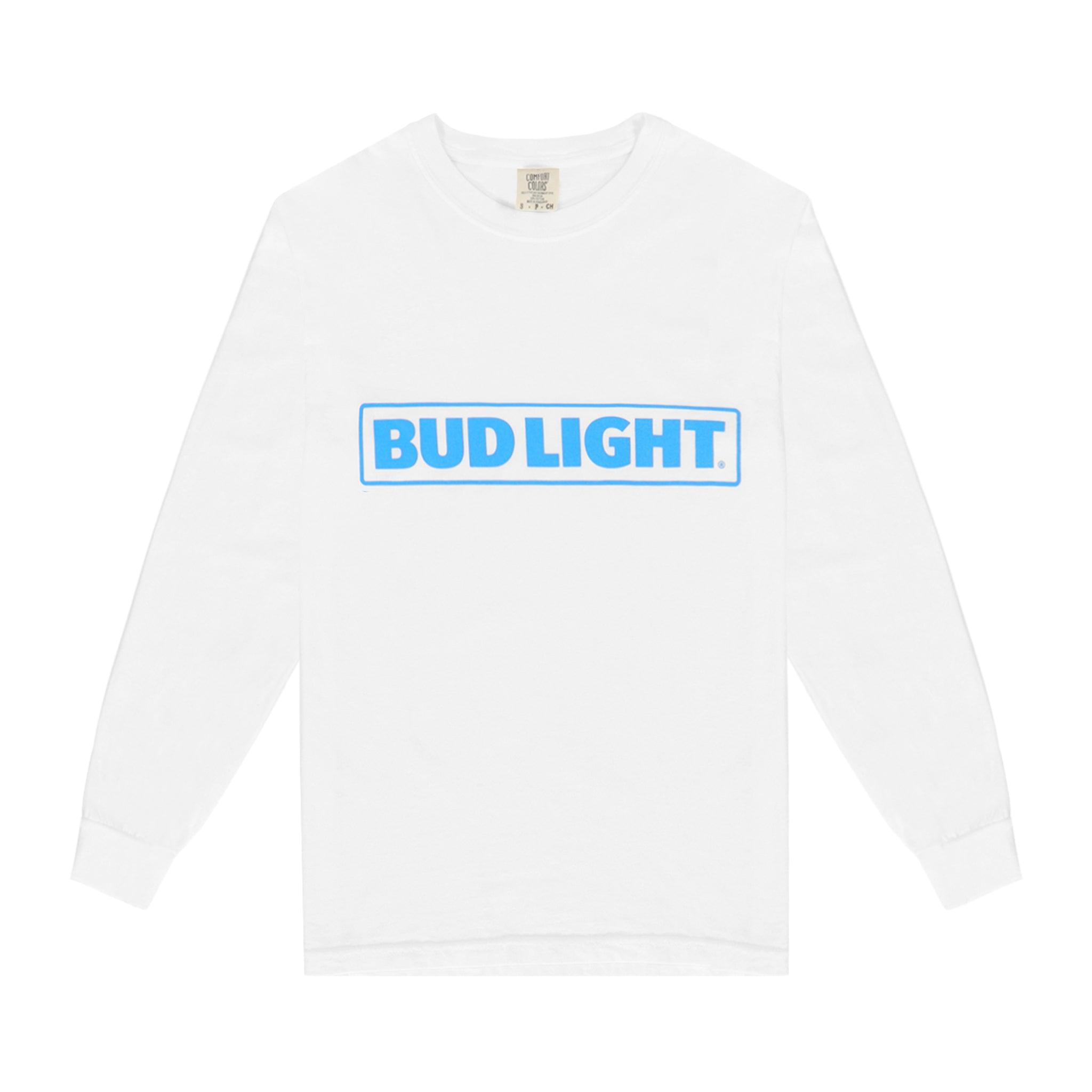 White long sleeve comfort colors t-shirt with blue Bud Light horizontal logo over the chest.