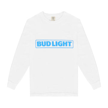 White long sleeve comfort colors t-shirt with blue Bud Light horizontal logo over the chest.